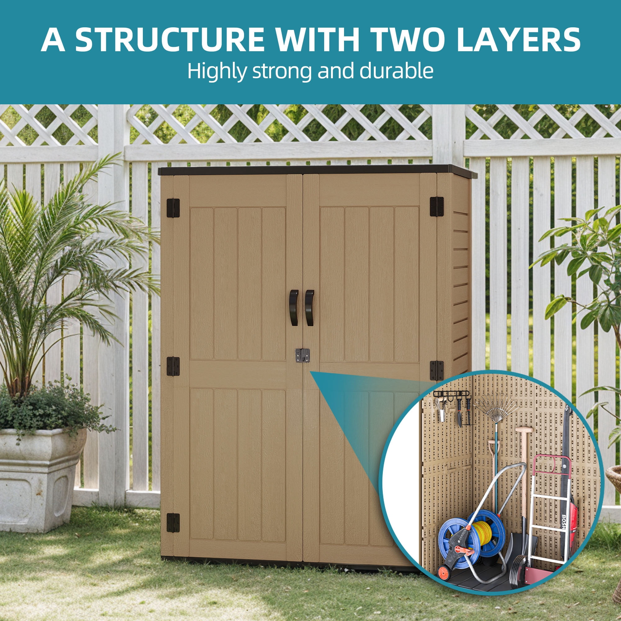Uforic 59 Cu. Ft. Vertical Outdoor Storage Shed, Weatherproof Resin Cabinet with Double-Wall Panels & Floor, Lockable, Brown (Shelves Not Included)