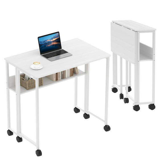 31.5" Folding Desk Rolling Desk with Storage Shelf,Space-Saving Foldable Computer Desk with Wheels,Portable Mobile Couch Sofa Side Table for Small Spaces, Home Office, Study, Easy Assembly,white