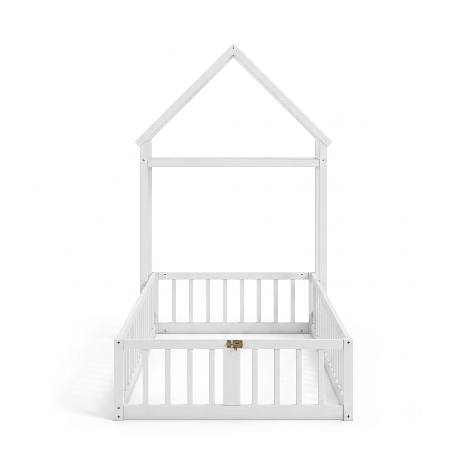Furnibear Full Size House Floor Bed with House-Shaped Frame and Full-Length Fence Guardrails, Montessori Floor Bed for Kids Room, White
