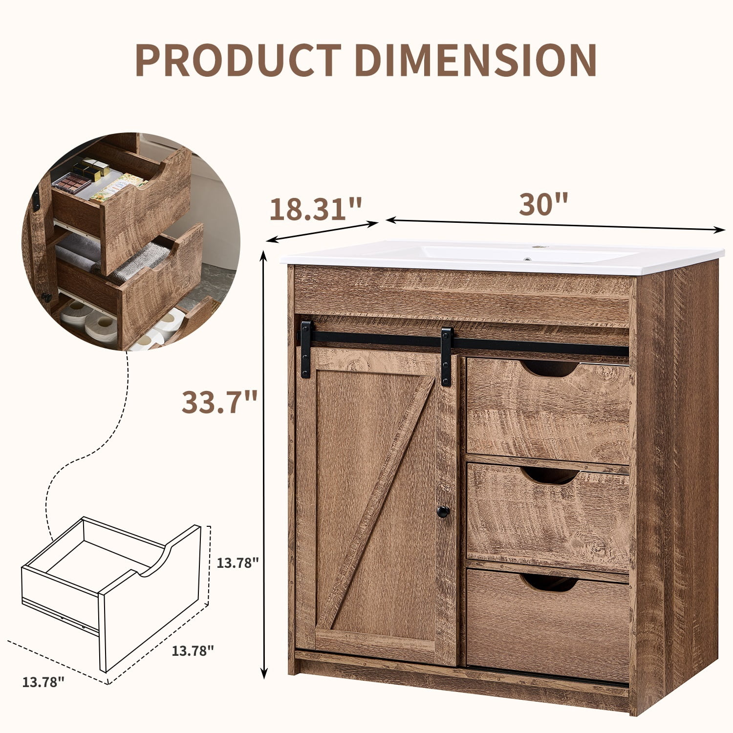 wow97e Farmhouse Bathroom Vanity with Sink, 24" Freestanding Bathroom Vanity Cabinet with Sliding Barn Door, 3 Storage Drawers & Adjustable Shelves