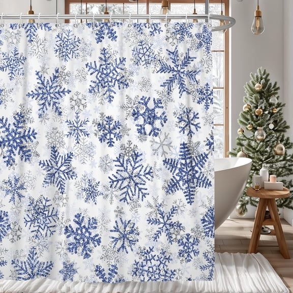 AOFOTO Blue Silver Glitter Snowflake Shower Curtain Winter Wonderland Bath Curtain Waterproof Holiday Bathroom Decor 72 x 72 Inches