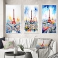 thumbnail image 1 of Designart "Vibrant Watercolor Paris Skyline with Eiffel Tower IV" City Paris Framed Wall Art Set Of 3 - Pink Paris Frame Canvas Set For Living Room Decor, 1 of 6
