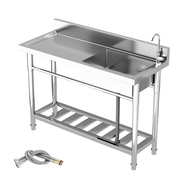 Commercial Stainless Steel Kitchen Sink Prep Counter, Freestanding 1 Compartment Utility Sink, Single Bowl Outdoor Sinks with Pull Out Faucet, For Restaurant, Garage