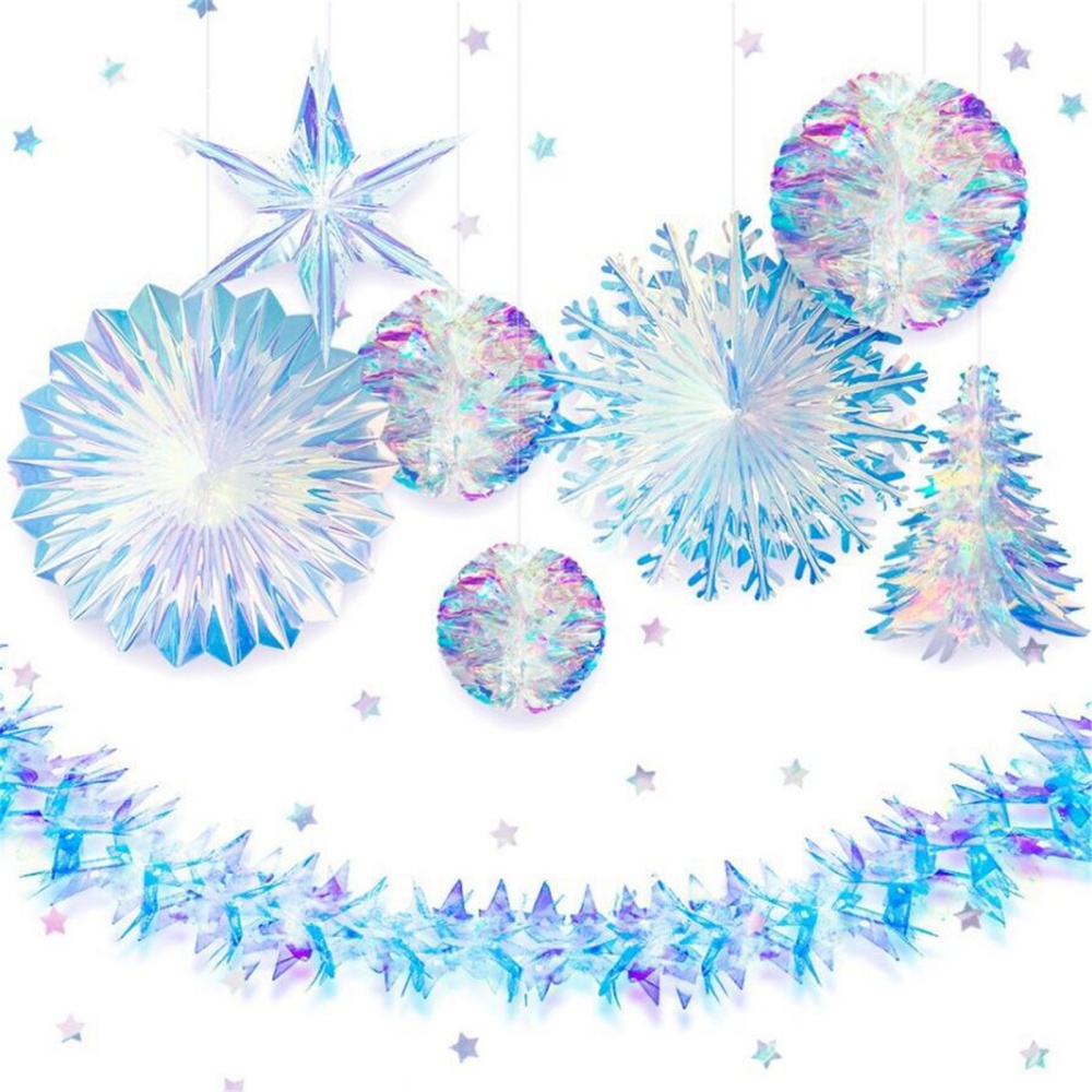 Iridescent Party Hanging Ornament Christmas Tree Hexagonal Star Snowflake  Snow Ball Decorative Paper Fan for Birthday Wedding 