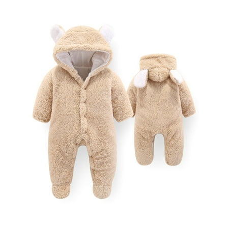 

Calzi Winter Fleece Footed Onesies Playsuits for Baby Infant Long Sleeve Bodysuit Hooded Romper Solid Color Buttons Jumpsuit