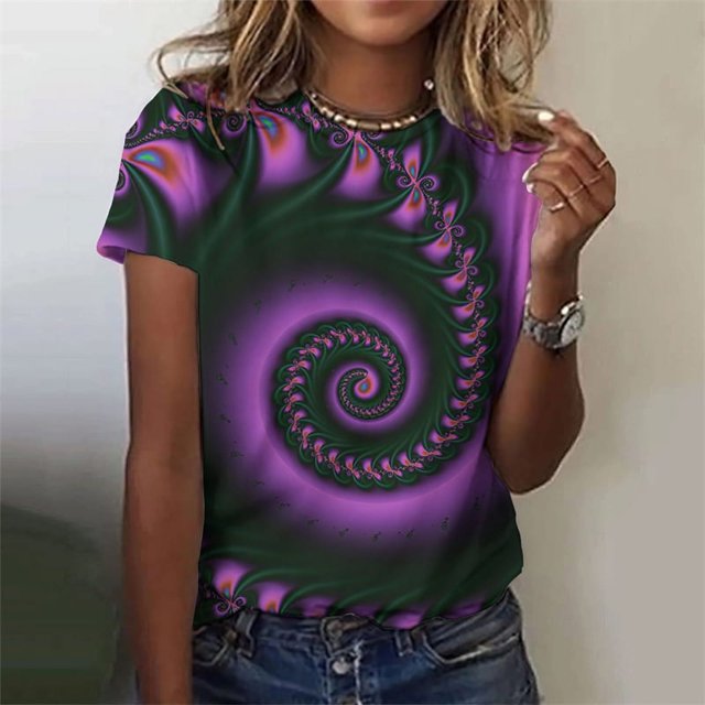 Nouveau Haut à Manches Courtes pour Femmes, Pull Mode Y2K Décontracté, T-Shirt Col Rond Imprimé Fleur 3D TP-6TG