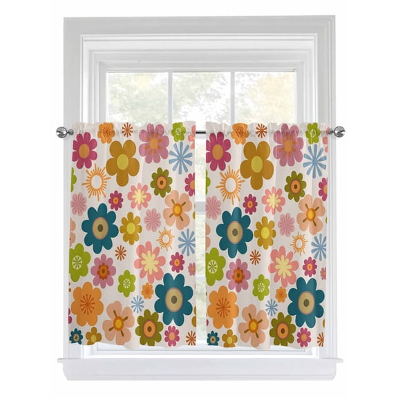 Vintage Boho Floral Bathroom Window Curtain, Yellow Pink Floral Bohemia Beige Light Filtering Coffee Kitchen Curtains, Bedroom Living Room Curtains 2 Panel 84"x54"