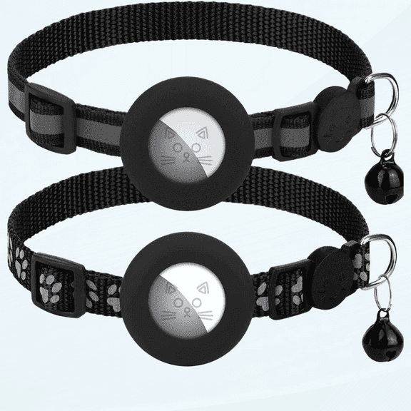 2 Pack Airtag Cat Collars, Reflective Cat Collar with Silicone Airtag Holder and Bell, Breakaway Cat Collars with Round Safety Buckle for Boy and Girl Cats, Adjustable for 7.5-12.5", Black
