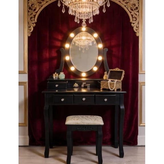 Vanity Desk Set with Oval Lighted Mirror and Cushioned Stool, Makeup Dressing Table with 5 Drawers and 3 Lighting Modes for Bedroom,Black