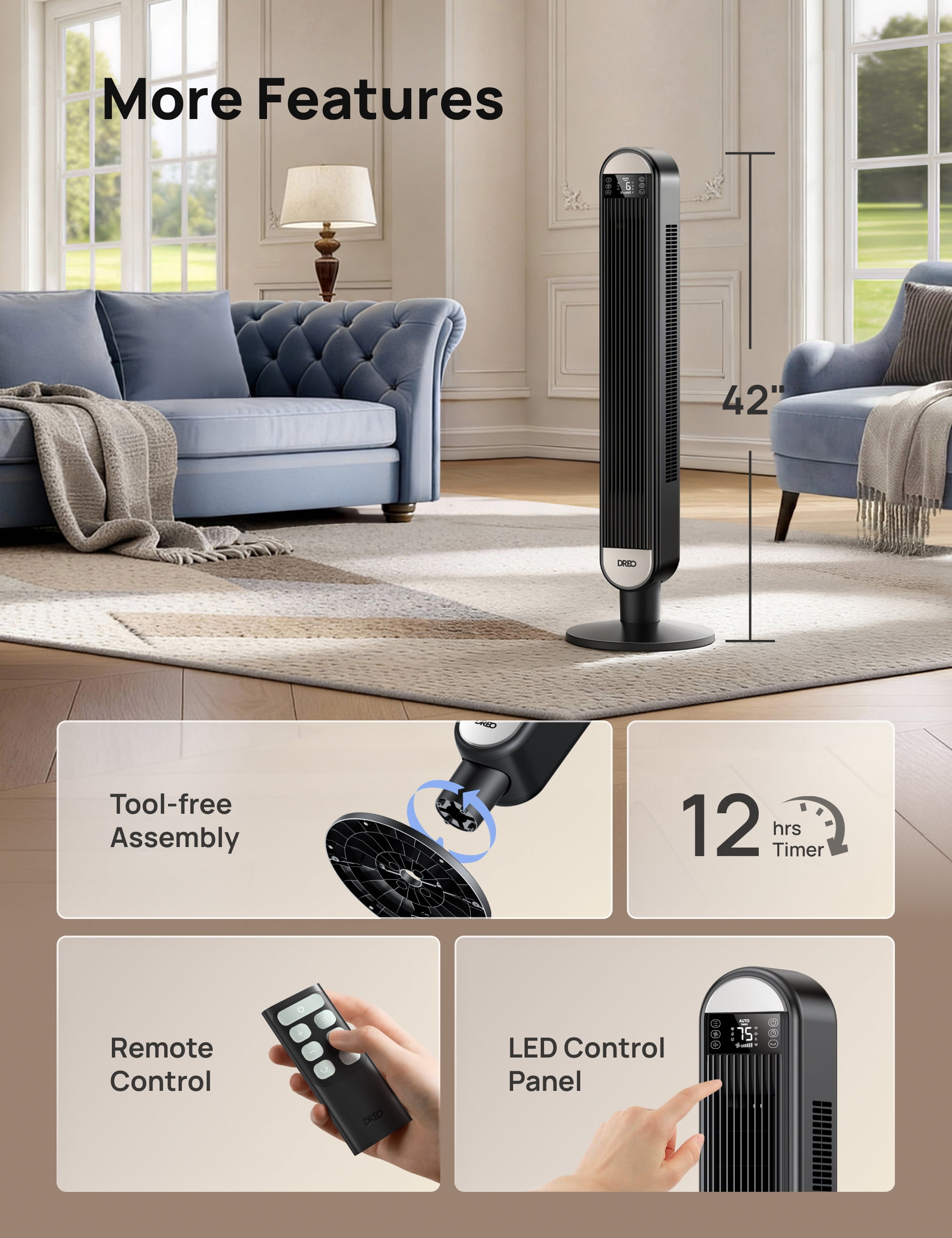 DREO 42" Smart Tower Fan for Home, Standing Bladeless Fan with WiFi Voice Control, 90° Oscillating Fan with LED Display, 12H Timer, 6 Speeds 4 Modes, 25ft/s High Velocity, Ultra Quiet Bedroom Fa