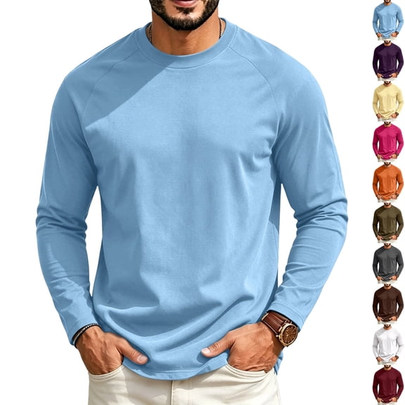 GrmtClth Shirts for Men Raglan Crew Neck Shirts Solid Plain Long Sleeve Fashion Sport Daily Baseball Top Sky Blue 2XL