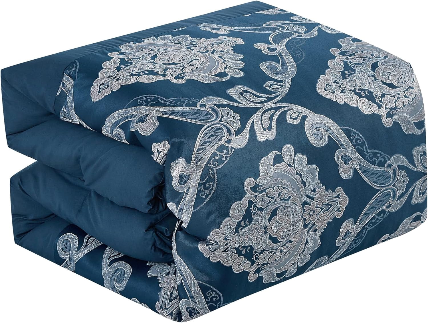 ESCA 7-Pieces Blue and Silver Comforter Set - Queen Size, Medallion Embroidery, Clip Jacquard Design Bedding Set