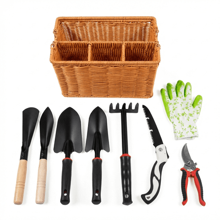 Garden Tools Set with Basket Heavy Duty Stainless Steel Gardening Hand Tool with Pruning Shears Gloves - Perfect Gardening Gifts Planting Supplies for Women Men (9 Brown)