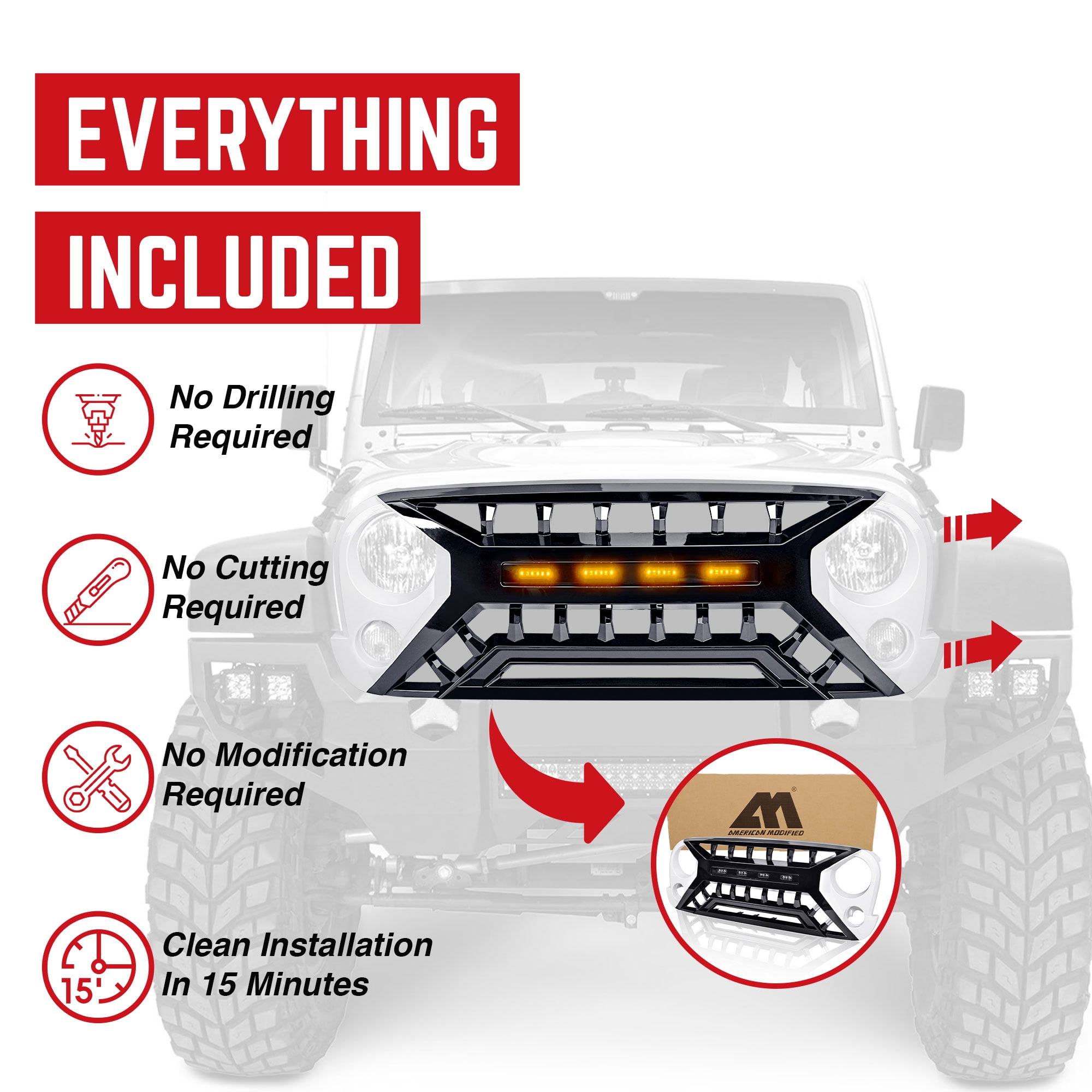 AMERICAN MODIFIED Grille 07-18 Jeep Wrangler JK w/ Amber LED, White/Black