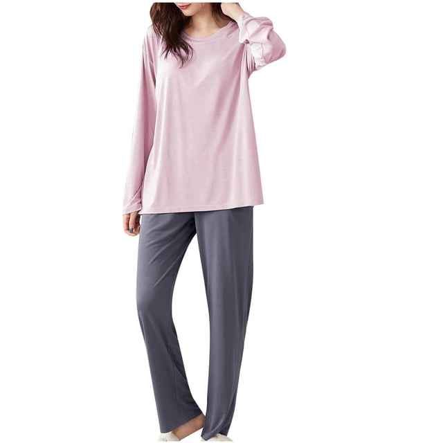 Besolor Pyjamas pour Femmes Automne Printemps 2 Pcs Tenues Décontractées Col Ras du Cou Manches Longues Hauts et Pantalons Ensembles de Détente Vêtements de Nuit Pjs