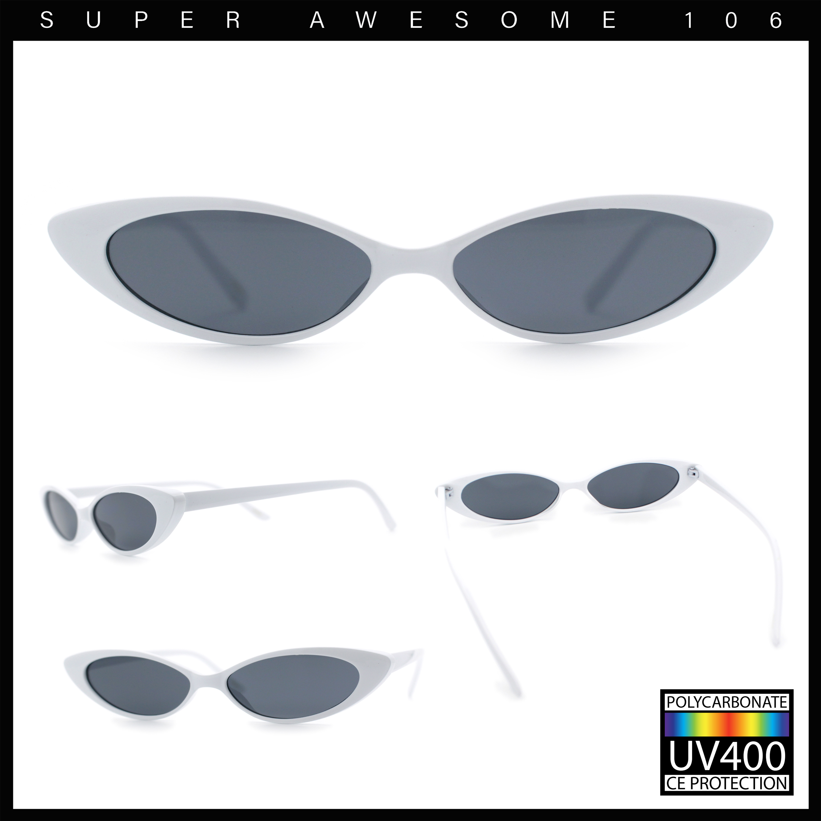 SA106 Women's Narrow Thin Cat Eye Retro Fashion Sunglasses, White, Black