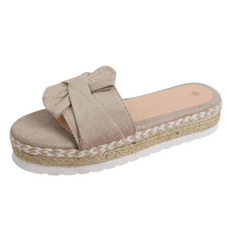 OJSFQUFP Womens Flip Flops Women s Summer Fashion Weaving Flat Bottom Bowknot Overlay Open Toe Breathable Sandals Slippers Slipper Shoes Khaki 41