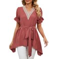 thumbnail image 1 of Blusa larga de lunares suizos Cintura con lazo Mangas con volantes Ribete de encaje Dobladillo curvo Blusa tipo túnica con cuello en V Top, 1 of 6