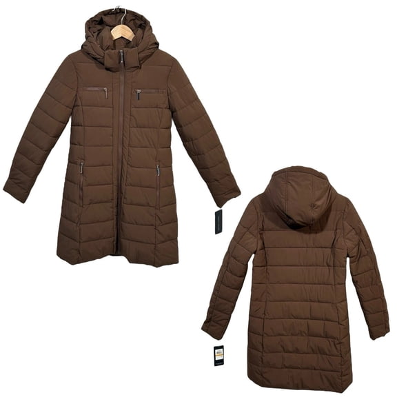 Tommy Hilfiger Womens Long Puffer Jacket Winter Coat Size S Brown Zip Pockets