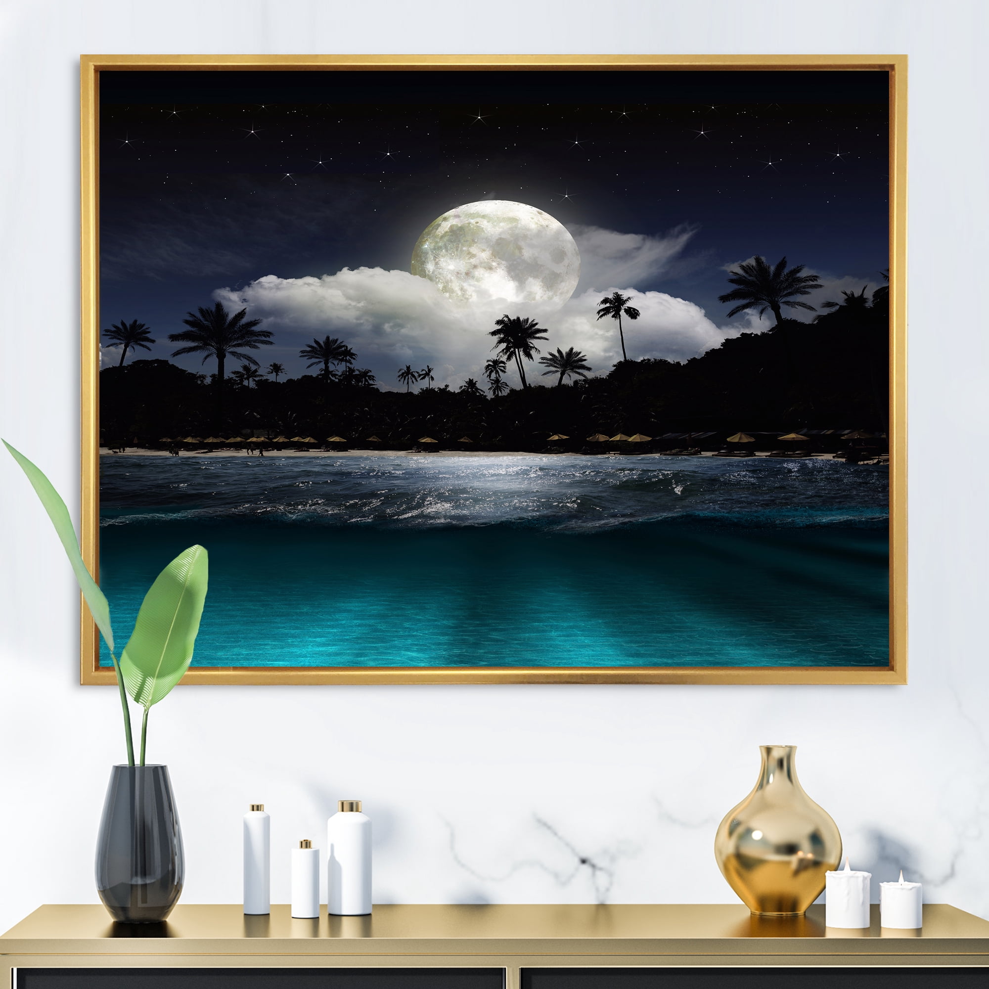 Designart 'Green Beach Under Tropical Full Moon' Modern Framed Canvas Wall Art Print