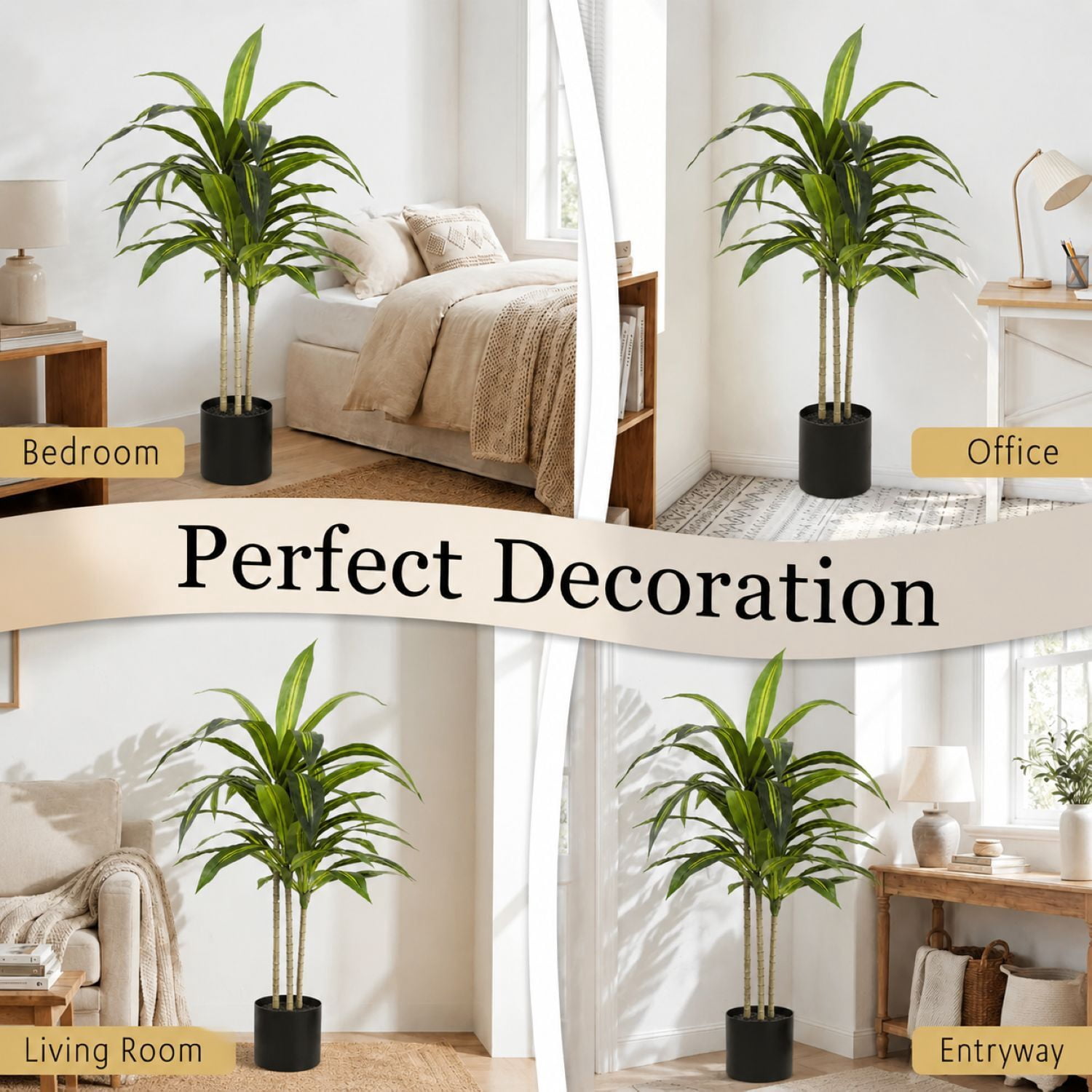 Easy4Home 3.6FT Artificial Plant Fake Dracaena Tree Potted Indoor Faux Floor Plant for Home Office Decor, Black Pot