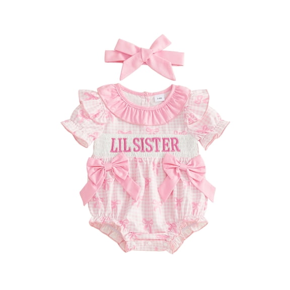 RUINIXCW Newborn Baby Girl Little Sister Outfit Smocked Bubble Romper Infant Baby Girls Summer Clothes Lil Sister Letters Embroidery Puff Short Sleeve Ruffle Bodysuit Headband