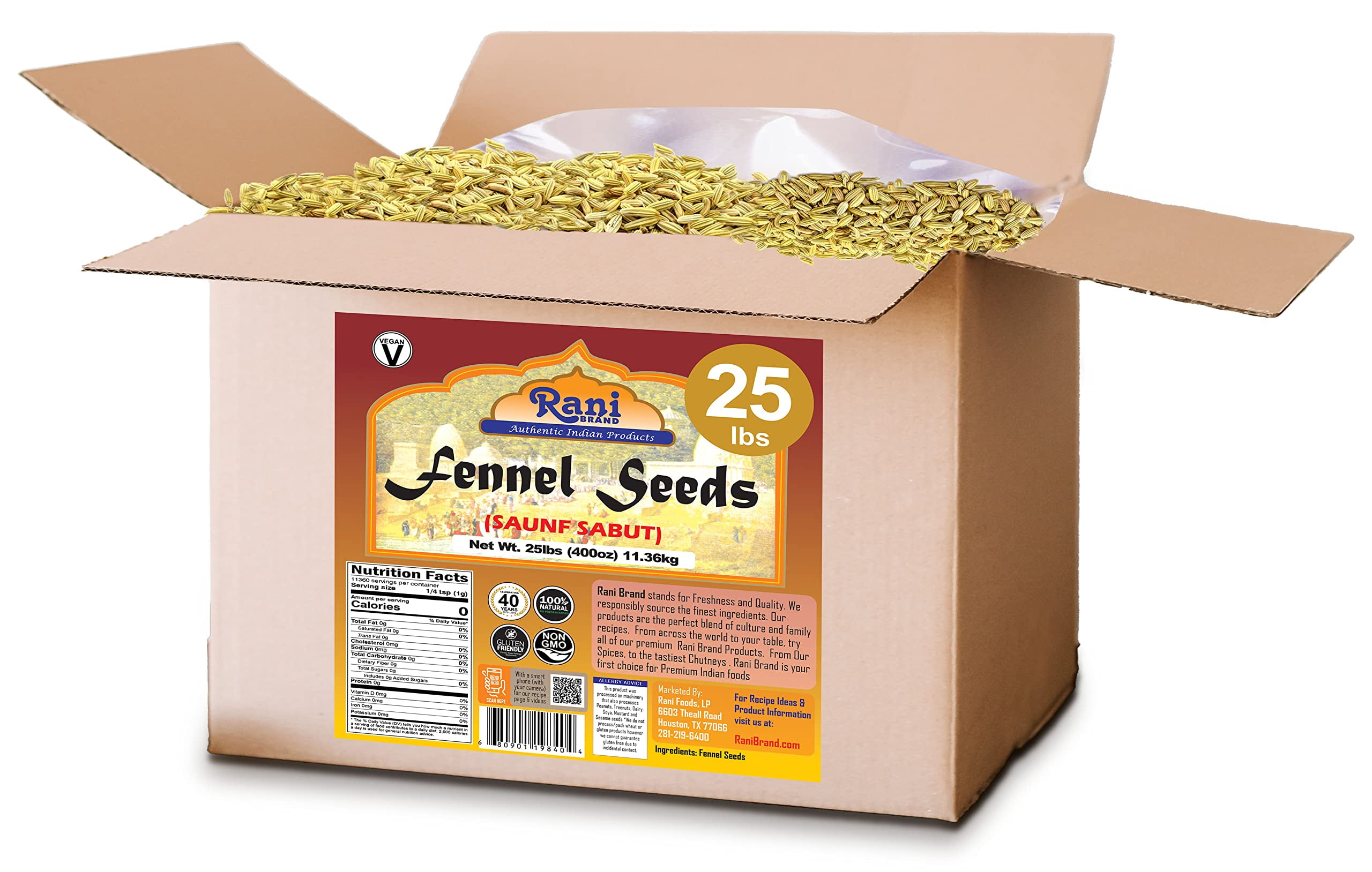 Rani Fennel Seeds (Saunf Sabut) Whole Spice 400oz (25lbs) 11.36kg Bulk Box ~ All Natural | Gluten Friendly | NON-GMO | Vegan | Indian Origin