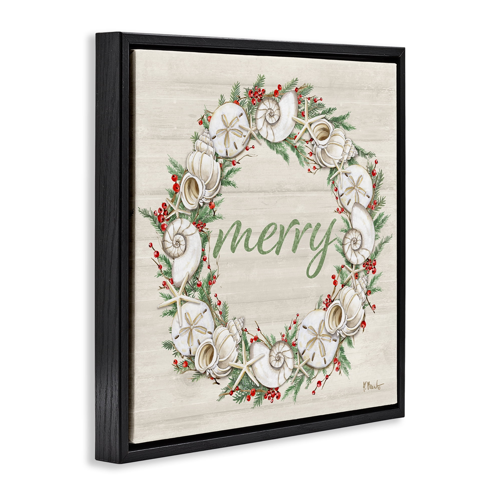 Stupell Industries Shells & Festive Holly Holiday Painting Black Floater Framed Canvas Art Print Wall Art, 25 x 25