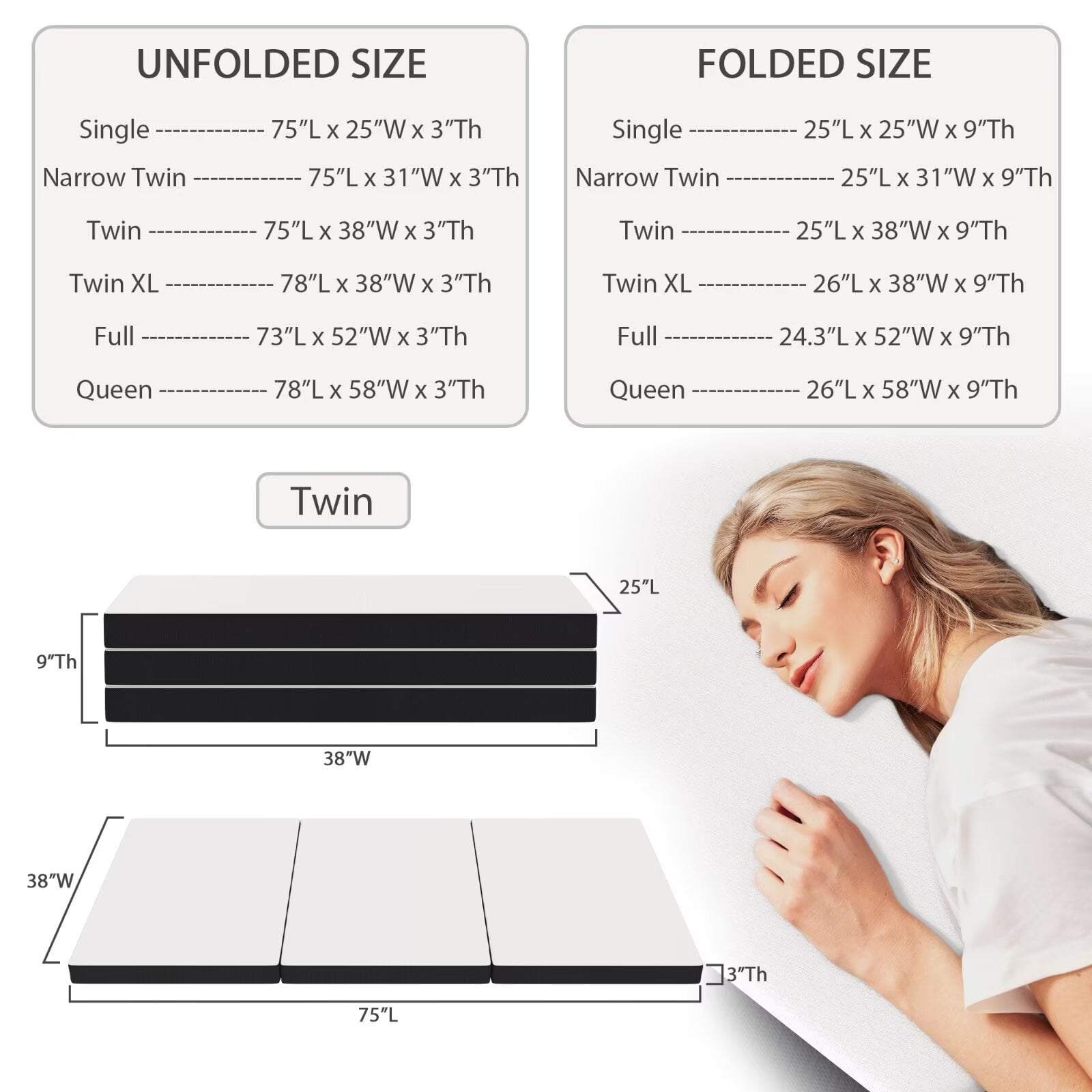 YRLLENSDAN 3 inch Foldable Mattress CertiPUR-US Certified Memory Foam Mattress Tri Fold Portable Mattress Topper Suitable for RV Travel Camping Guest, Twin