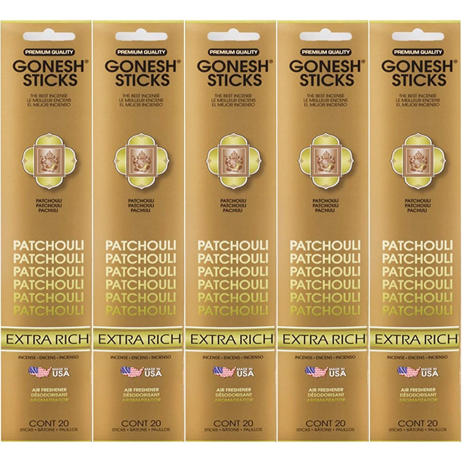 Gonesh Incense Sticks Extra Rich Collection - Patchouli 5 Packs (100 Total)