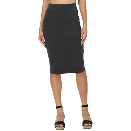 Back Skirt Set - TheMogan Women's Solid Stretch Cotton Elastic High Waist Knee Pencil Midi Skirt