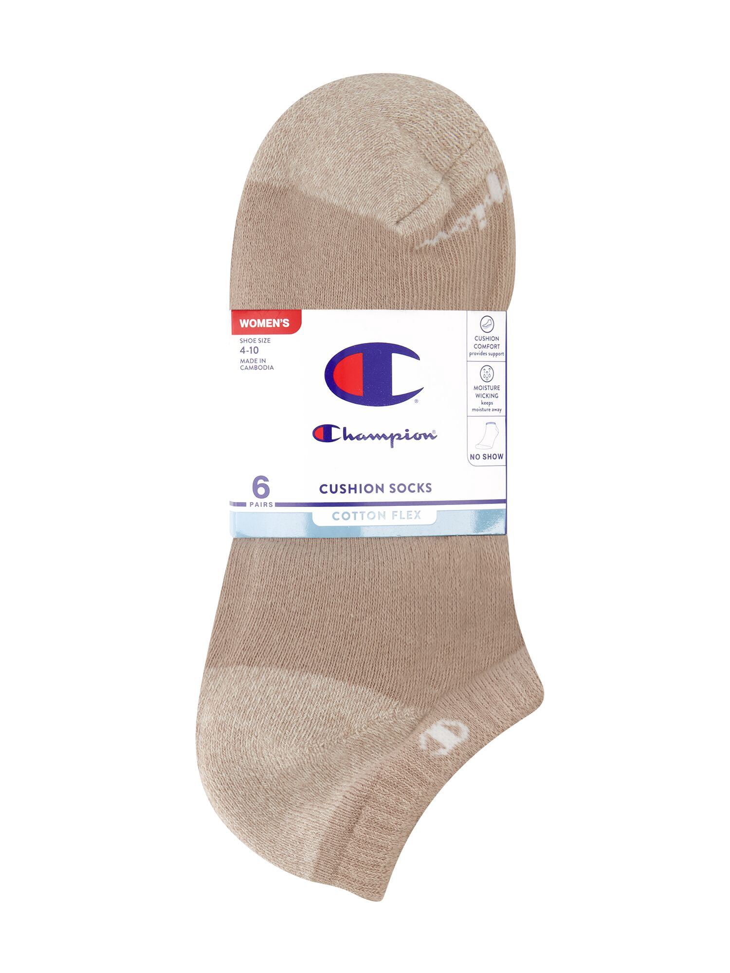 Champion Women’s Cotton Flex No Show Cushioned Socks, 6 Pack, Sizes 4-10