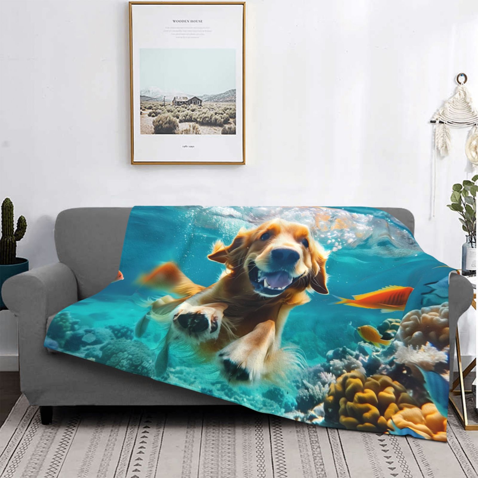 Throw Blanket for Couch - Dog Underwater Adventure Soft Comfy Lightweight Cozy Warm Throw Blanket, Fuzzy Plush Flannel Blanket & Throws for Sofa and Bed All Season