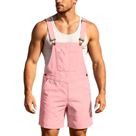 Overall Shorts for Men Stretchy Solid Color Romper Work Jumpsuits Pink M