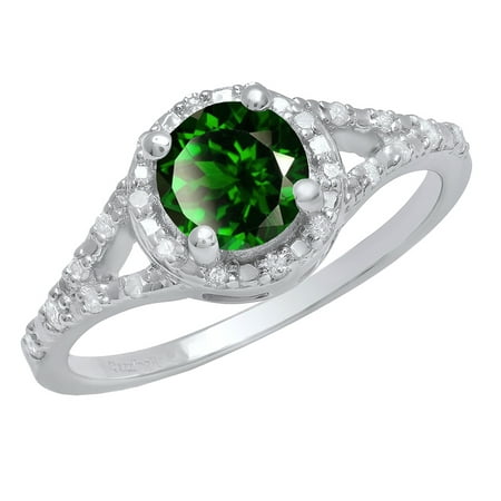 Sterling Silver 6 MM Round Lab Created Emerald & White Diamond Ladies Engagement Ring (Size