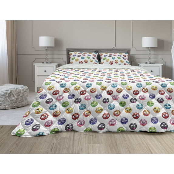 Emoticon Comforter & Sham Bedding Set, Cartoon Faces in Colorful Design Emotional States Crying Happy Tongue in Cheek, 3 pcs Duvet Set Microfiber Filling Quilt, 5 Sizes, Multicolor, by Ambesonne