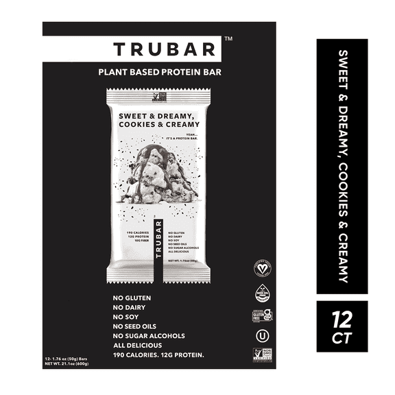 TRUBAR Protein Bar, Cookies & Cream, Plant Based Protein, Vegan, Gluten Free, Kosher, 12 Count (Box)