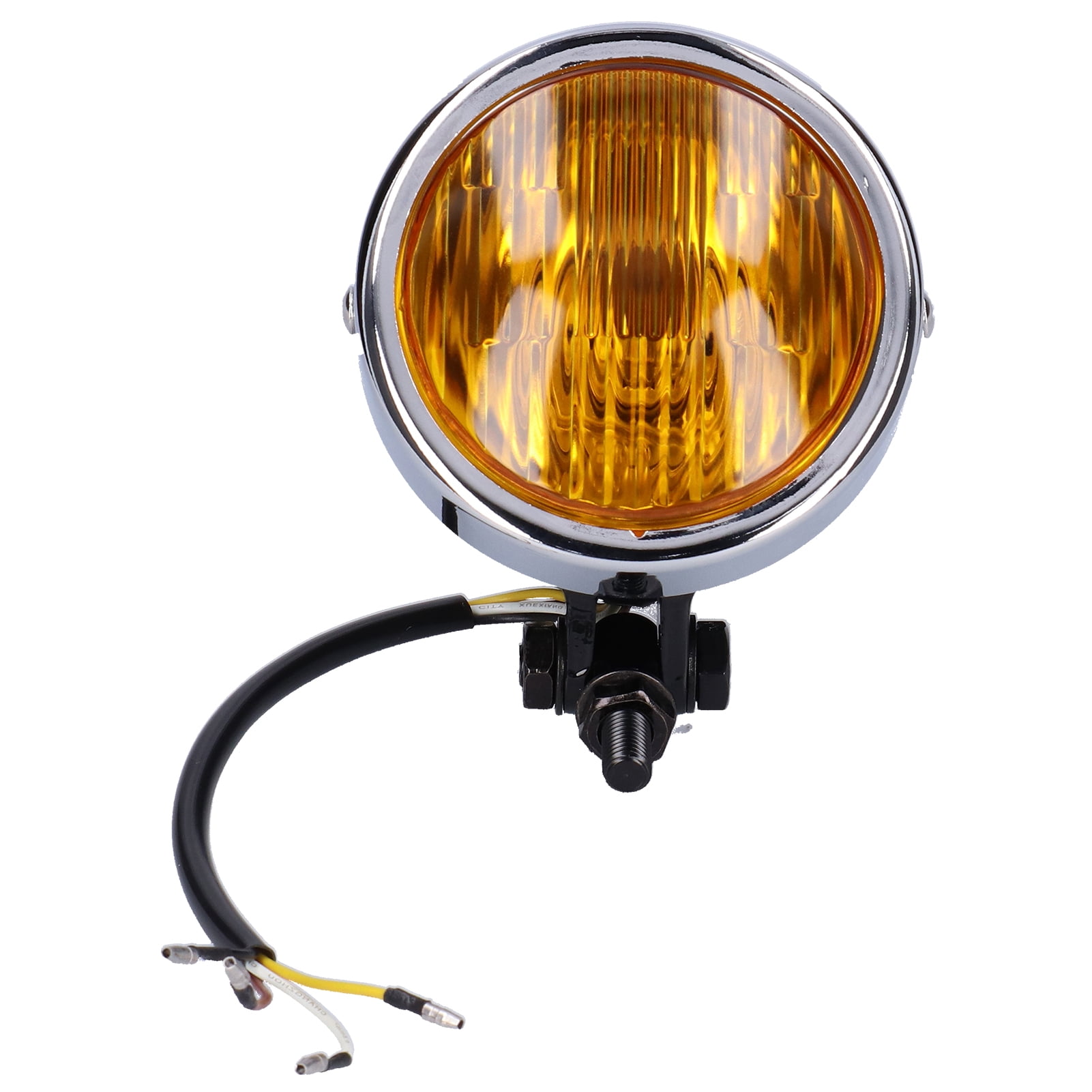 Phare de Moto Rétro 12V 4 Po Rond Boîtier Noir Lentille Jaune Universel pour Toutes les Motos Vintage