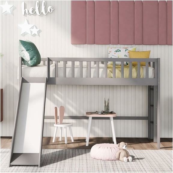 JERFIT Twin Low Loft Bed with Ladder and Slide, Gray