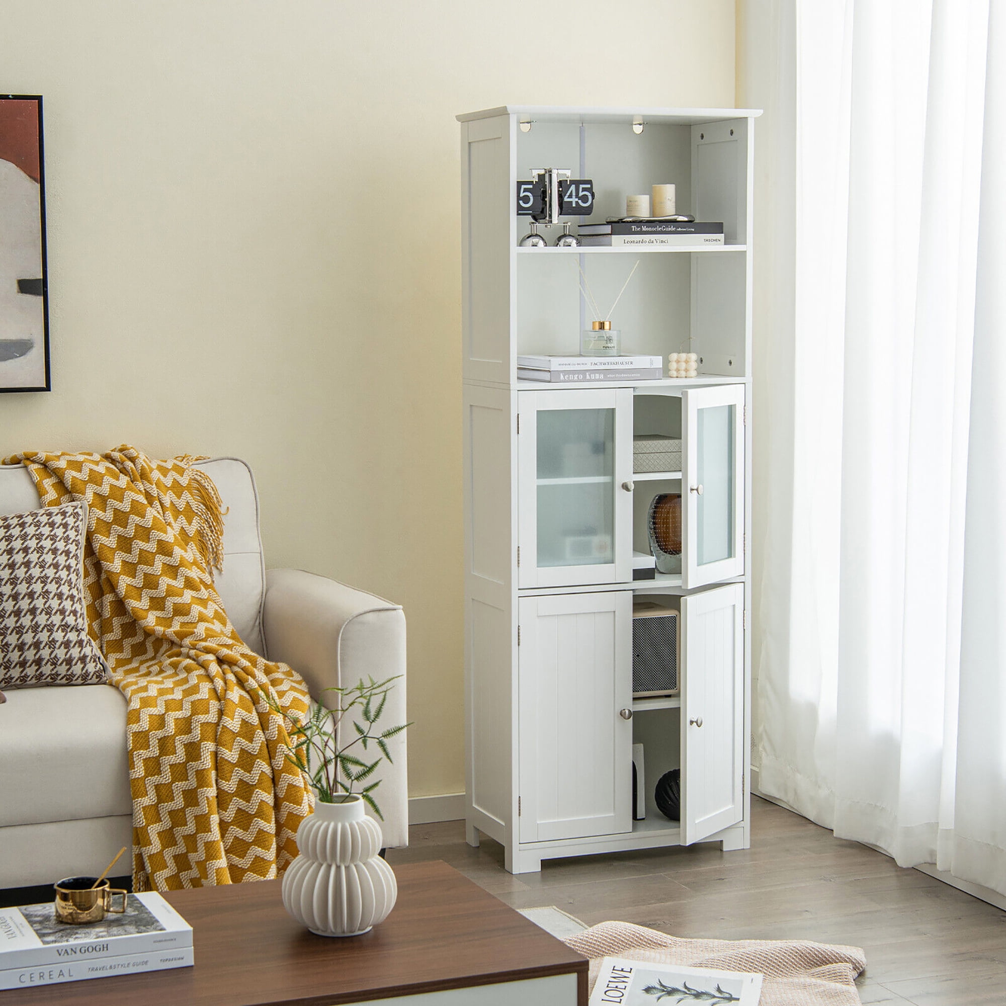 Gymax Bathroom Tall Storage Cabinet Linen Tower w/ Glass Door & Adjustable Shelf White