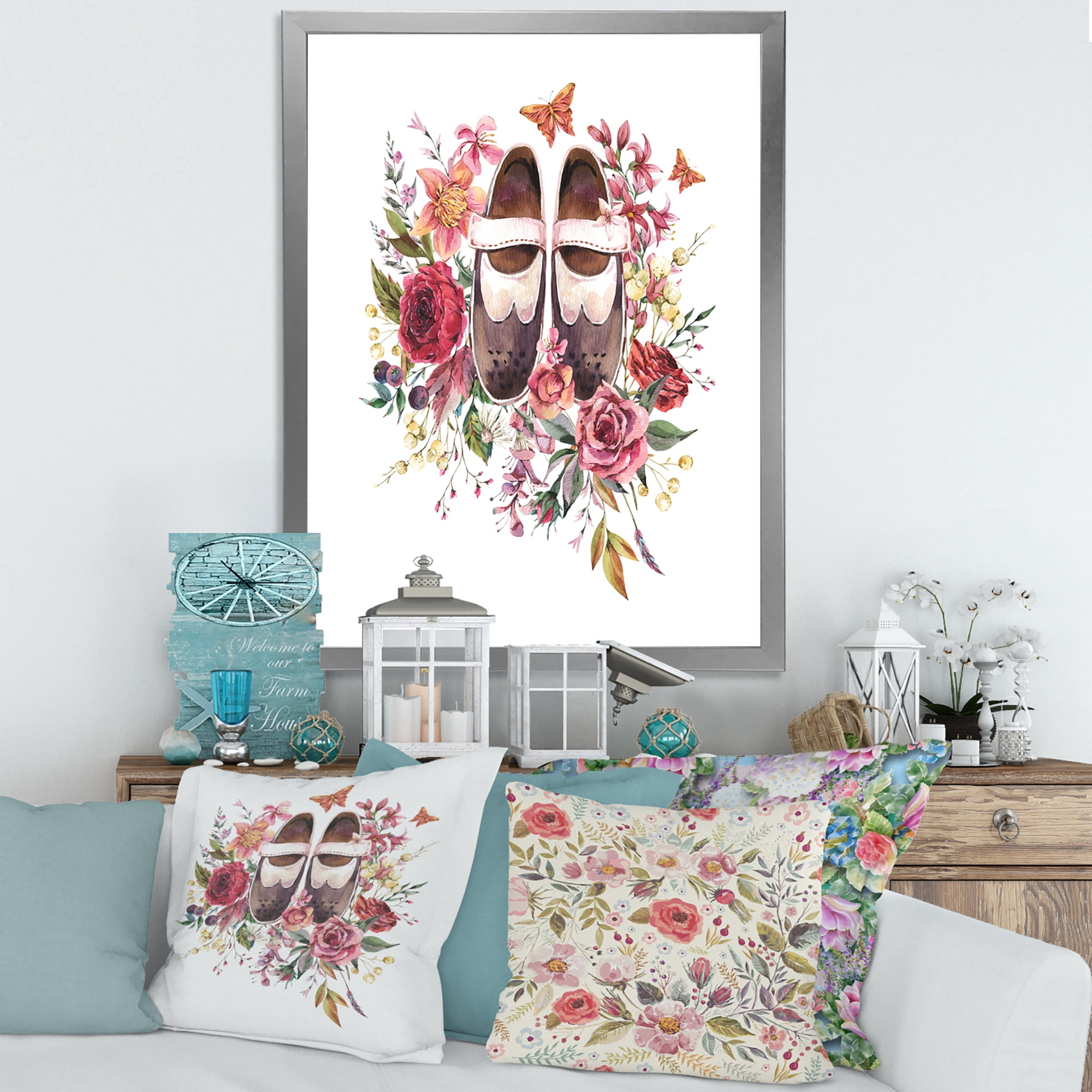 Designart 'Wildflowers With Ancient Oxford Shoes' Farmhouse Framed Art Print