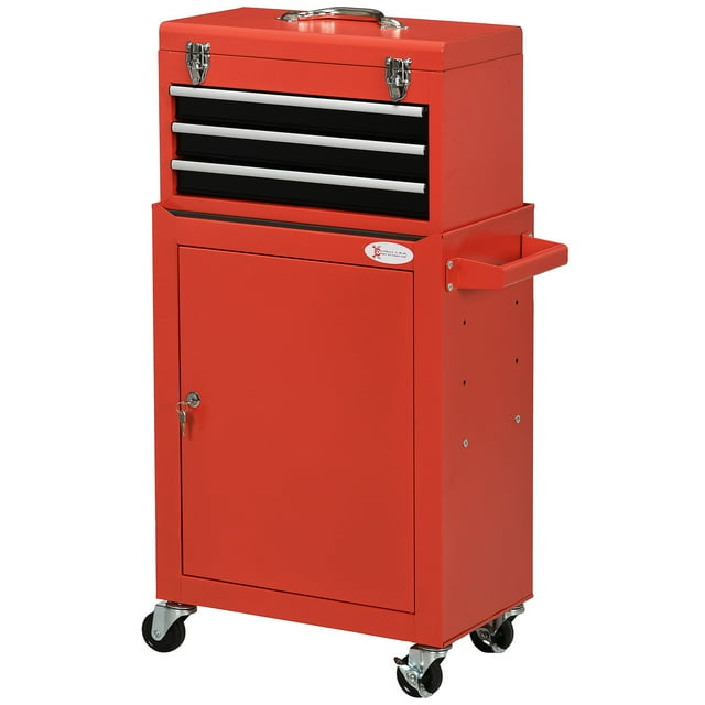 Coffre à Outils et Armoire à Outils 2 en 1 Détachable, Armoire à Outils Roulante à 3 Tiroirs sur Roues avec Serrure et 2 Clés, Rouge