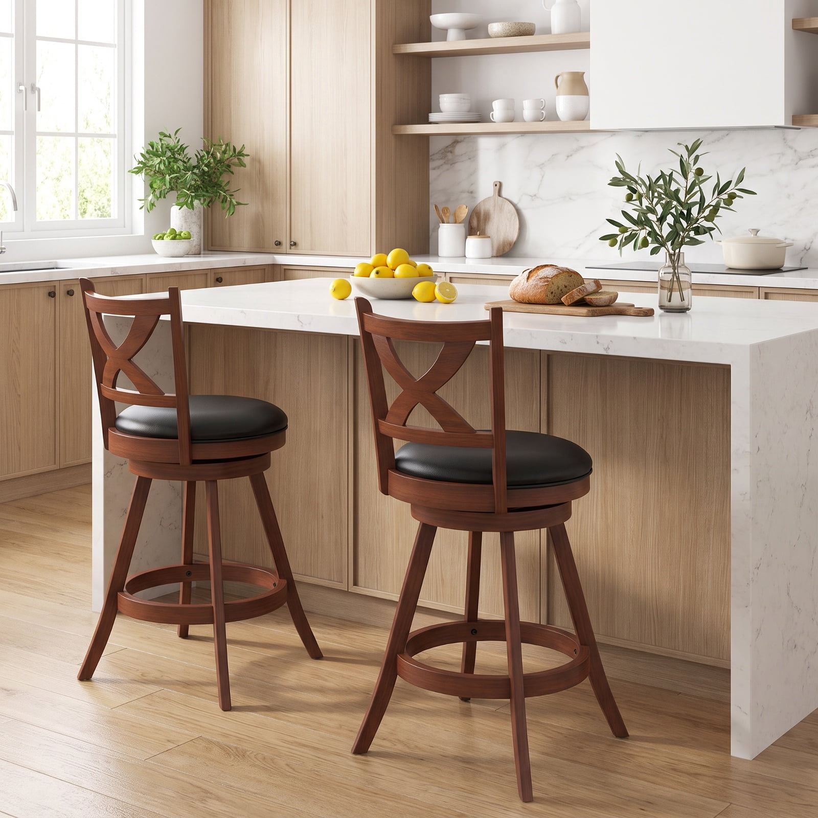Furnibear 2 Pieces Classic Counter Height Swivel Bar Stool Set with X-shaped Open Back-24 Inch for Kitchen Island Counter Bar Pub Dining, Espresso