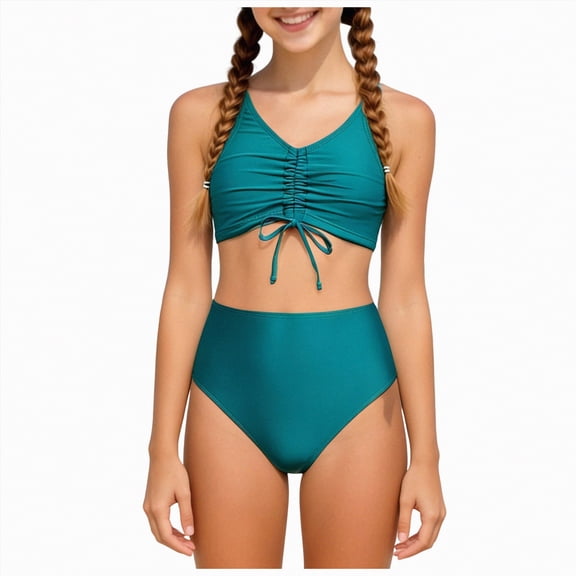 Zanarzt Girls Swim Suit Girls Two Piece Bikini High Waist Swimsuit Set Teen Bathing Suit for Beach Pool Vacation Summer 9-10 Years,Blue
