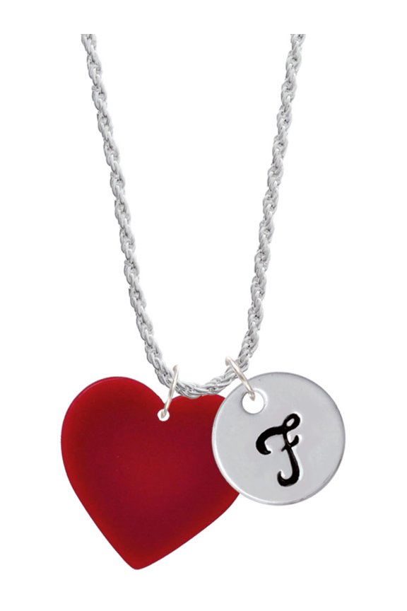 Acrylic 1" Maroon Heart Silvertone Script Initial Disc - F - Charm Necklace, 20"+3"