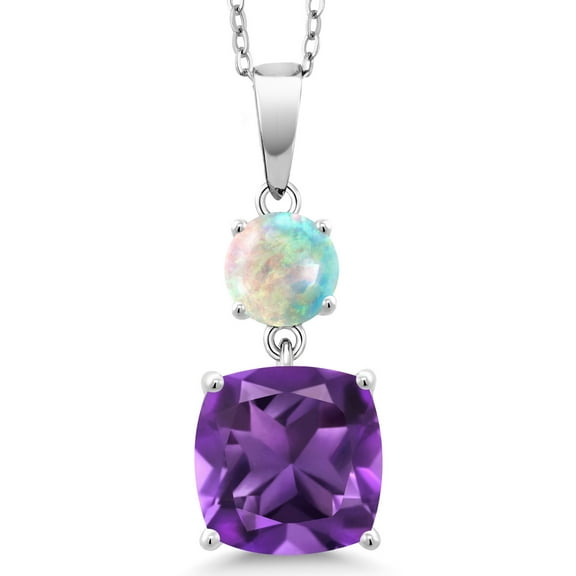 Gem Stone King 925 Sterling Silver Purple Amethyst and Simulated White Opal Pendant Necklace for Women (4.00 Cttw, Gemstone February Birthstone, Cushion 10MM, Round 6MM)