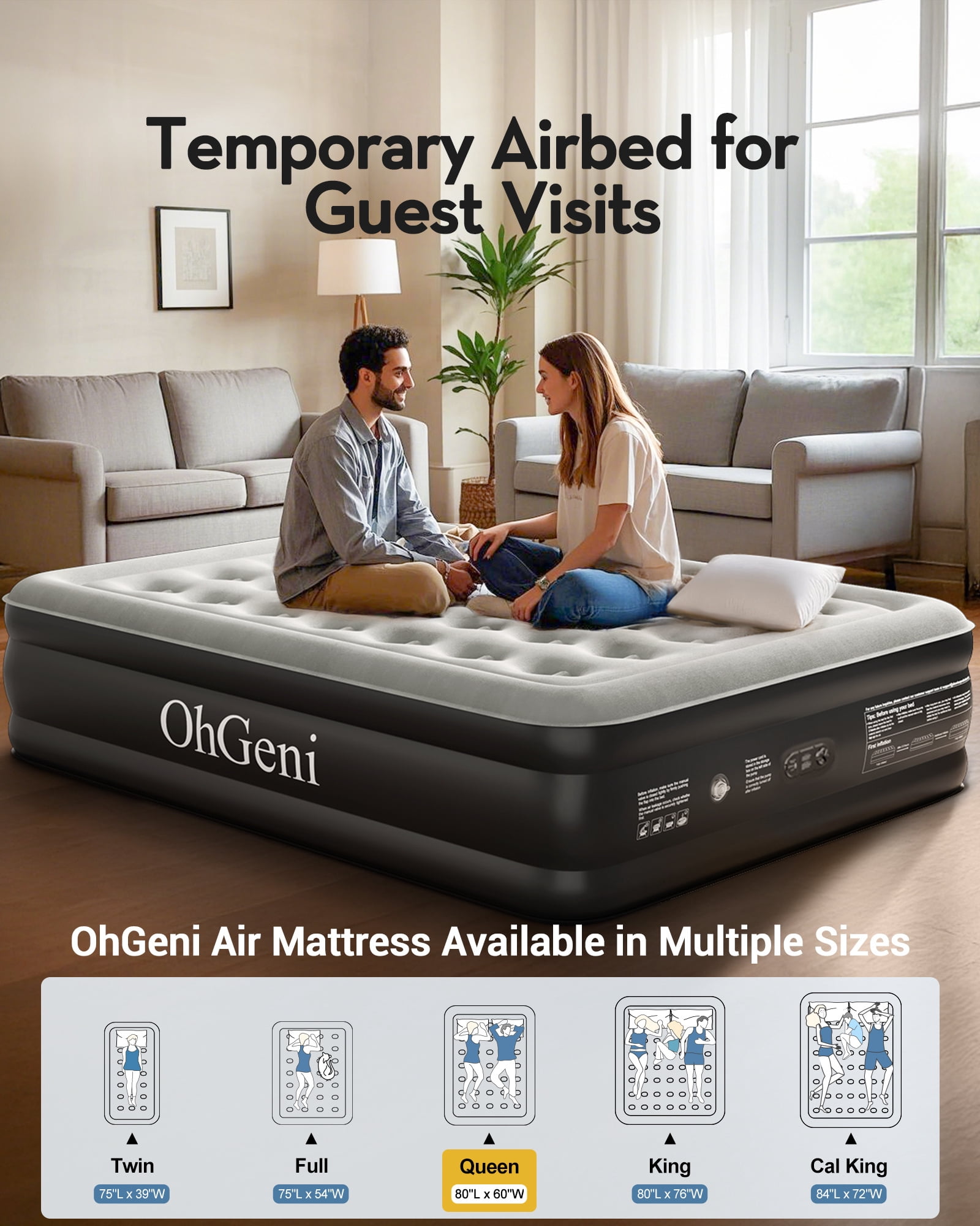 OhGeni Queen Air Mattress with Built in Pump, 18 Raised Blow Up Mattress, Low Noise Surface Portable Air Bed for Home and Guest, Inflatable Mattress, Black