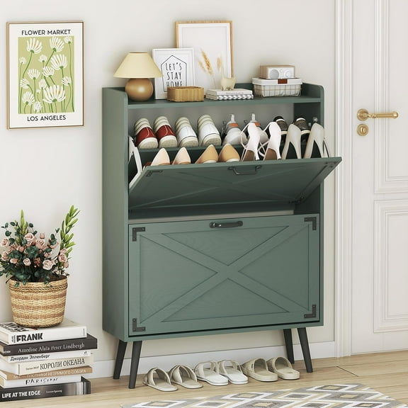 Shoe Storage Cabinet with 2 Flip Drawers, Farmhouse Freestanding Shoe Rack Organizer for Entryway, Narrow Hidden Slim Shoe Cabinet for Foyer,Hallway,Blue