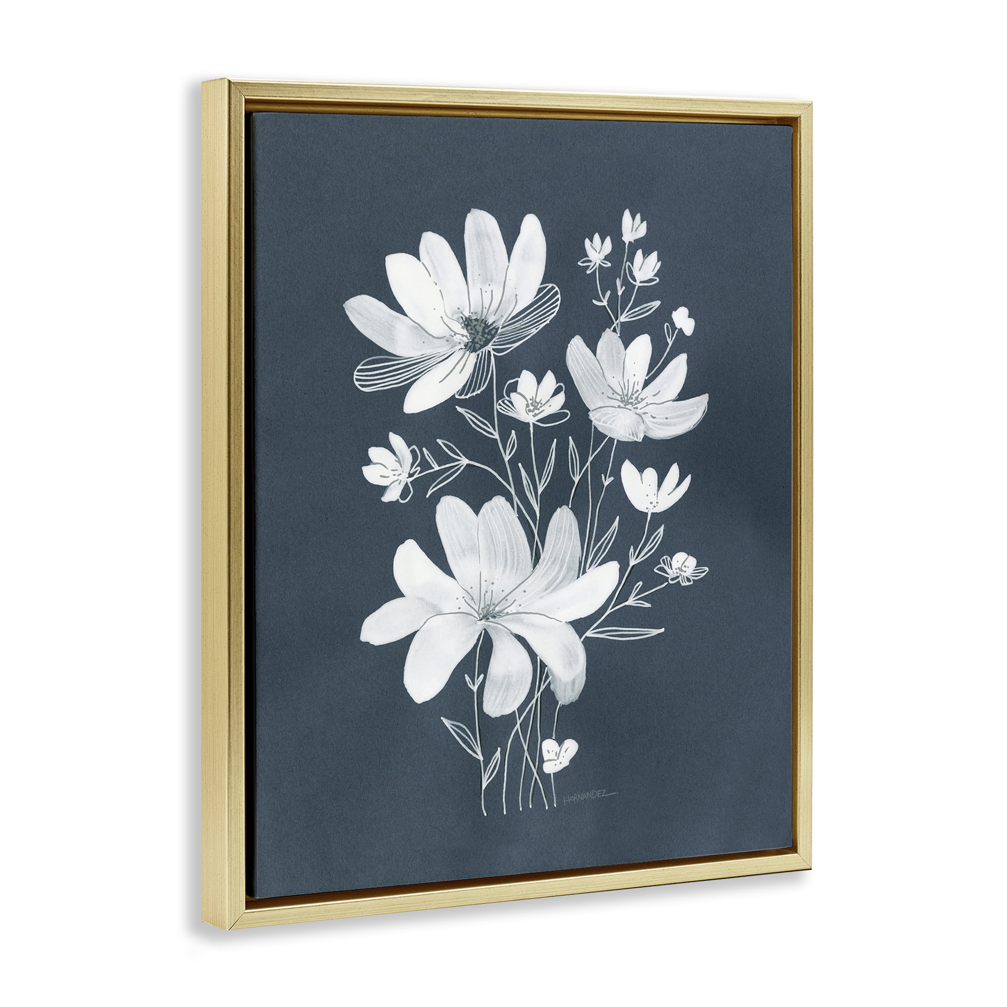 Stupell Industries White Floral with Outline Plants & Flowers Painting Gold Floater Framed Canvas Art Print Wall Art, 25 x 31