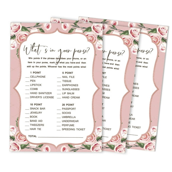 Inkdotpot 50-PackFloral bridal gownWhats In Your Purse Bridal ShowerGameWedding Shower Bachelorette Party Bulk ActivityGameCards